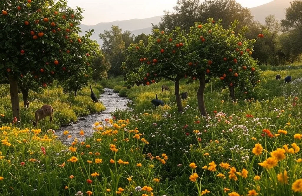 باغ عدن با درختان میوه، حیوانات و یک رودخانه.